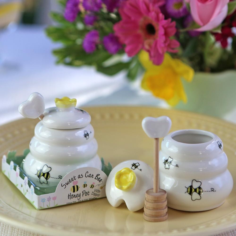 Sweet As Can Bee Ceramic Honey Pot with Wooden Dipper - Small