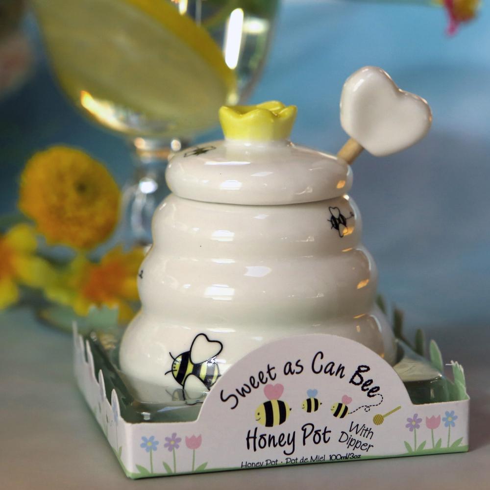 Sweet As Can Bee Ceramic Honey Pot with Wooden Dipper - Small