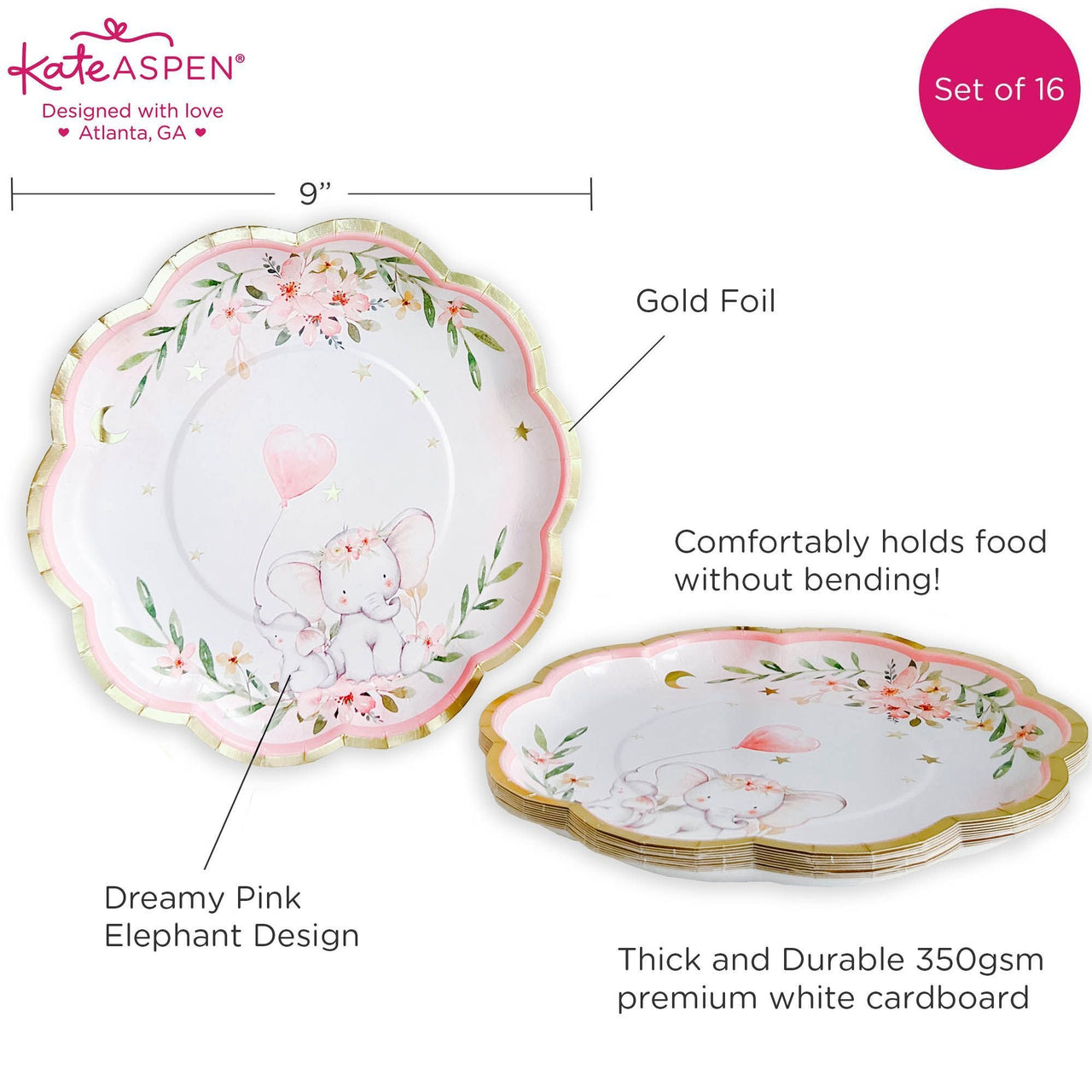Elephant Baby Shower 9 in. Premium Paper Plates - Pink (Set of 16)