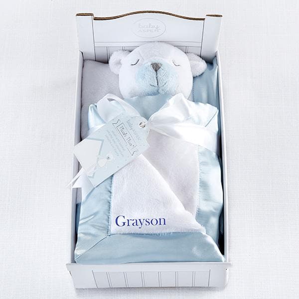 Beary Sleepy Plush Plus Blanket for Baby - Blue (Personalization Available)