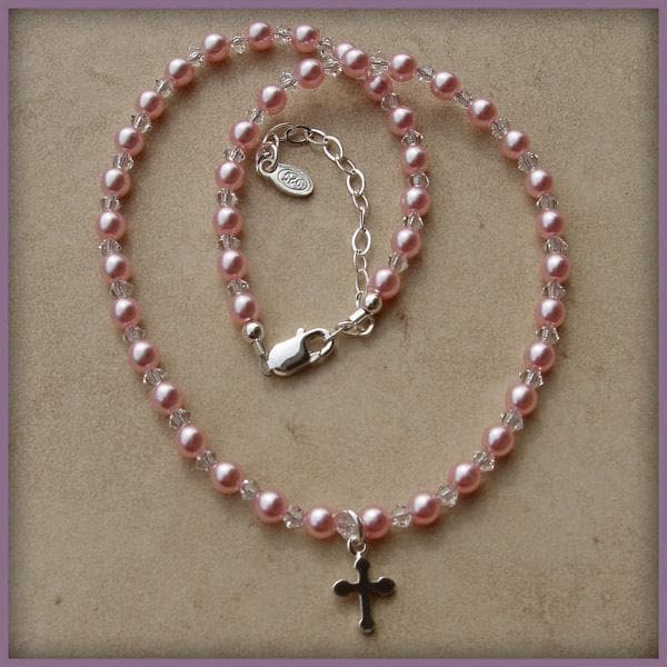 Rosary Beaded Necklace with Pink Pearls and Cross