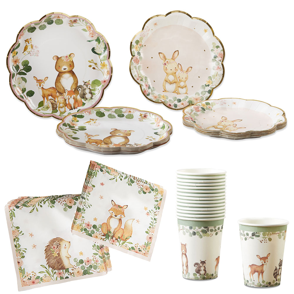 Pink Woodland Baby 78 Piece Party Tableware Set (16 Guests)