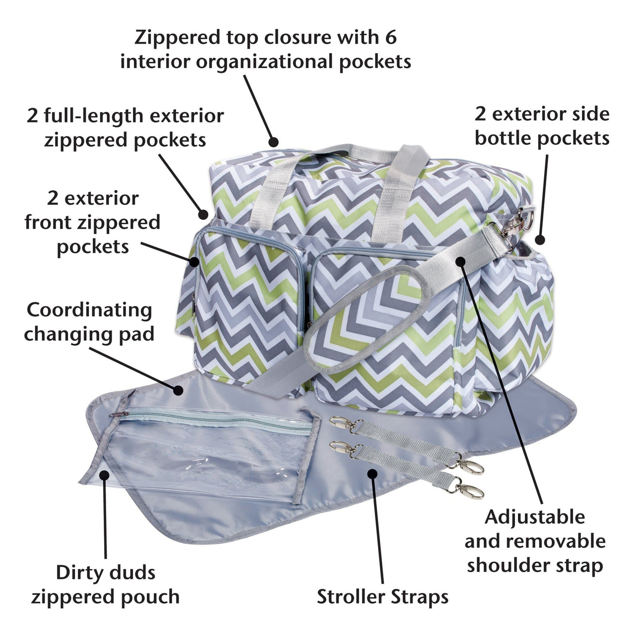Green, Gray, and White Chevron Deluxe Diaper Bag