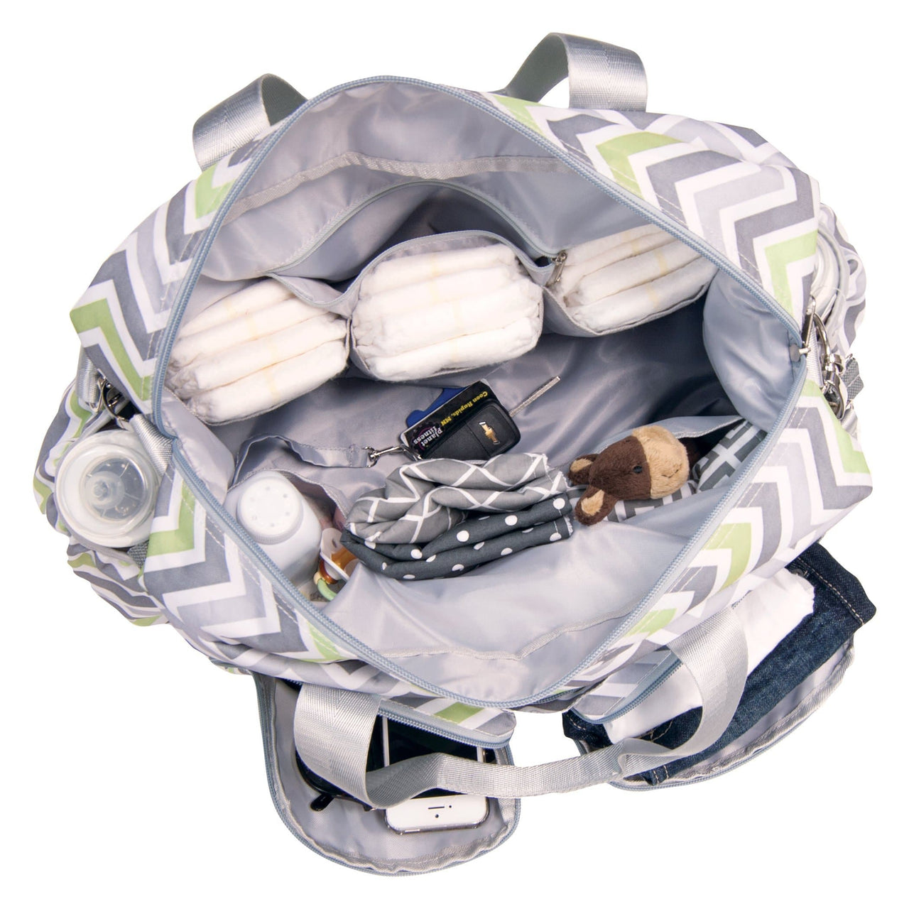 Green, Gray, and White Chevron Deluxe Diaper Bag
