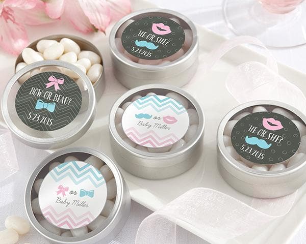Gender Reveal Personalized Silver Round Candy Tin (Set of 12)