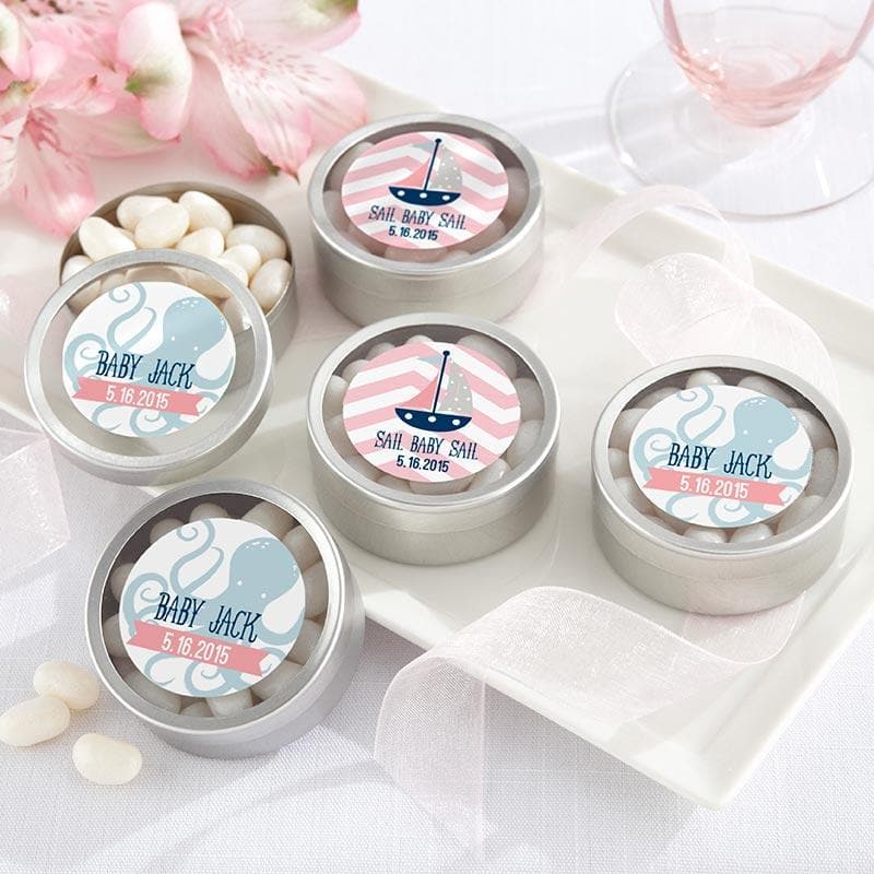 Personalized Nautical Baby Silver Round Candy Tin (Set of 12)