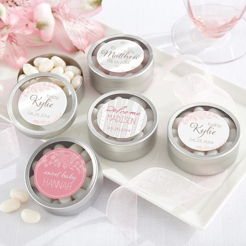 Personalized Rustic Baby Silver Round Candy Tin (Set of 12)