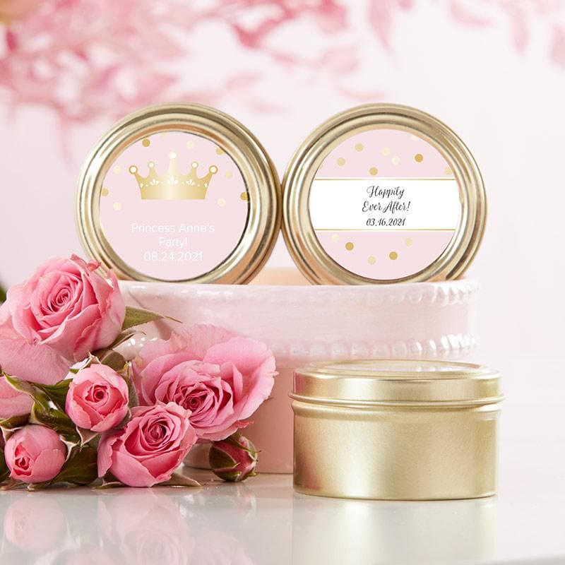 Personalized Princess Party Gold Round Candy Tin (Set of 12)