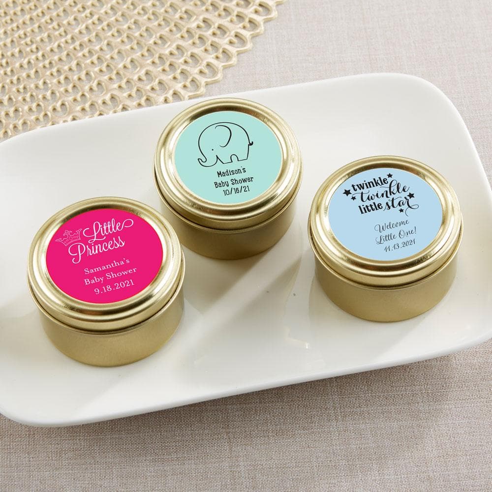 Personalized Baby Shower Gold Round Candy Tin (Set of 12)
