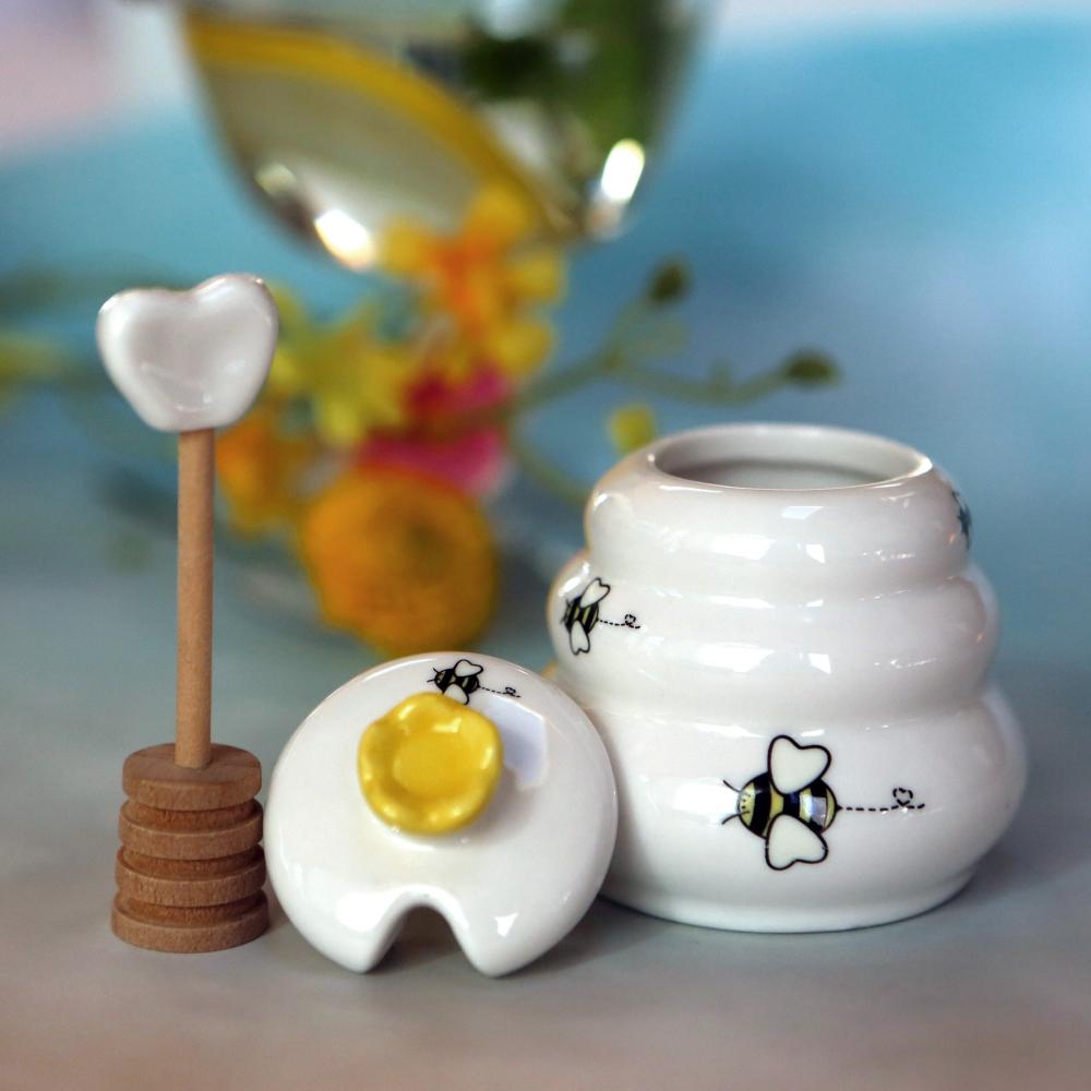 Sweet As Can Bee Ceramic Honey Pot with Wooden Dipper - Small