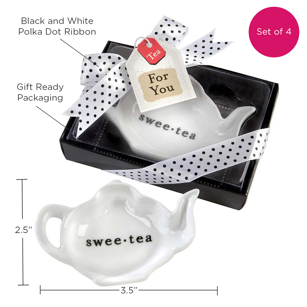 Swee-Tea Ceramic Tea-Bag Caddy in Black & White Serving-Tray Gift Box (Set of 4)