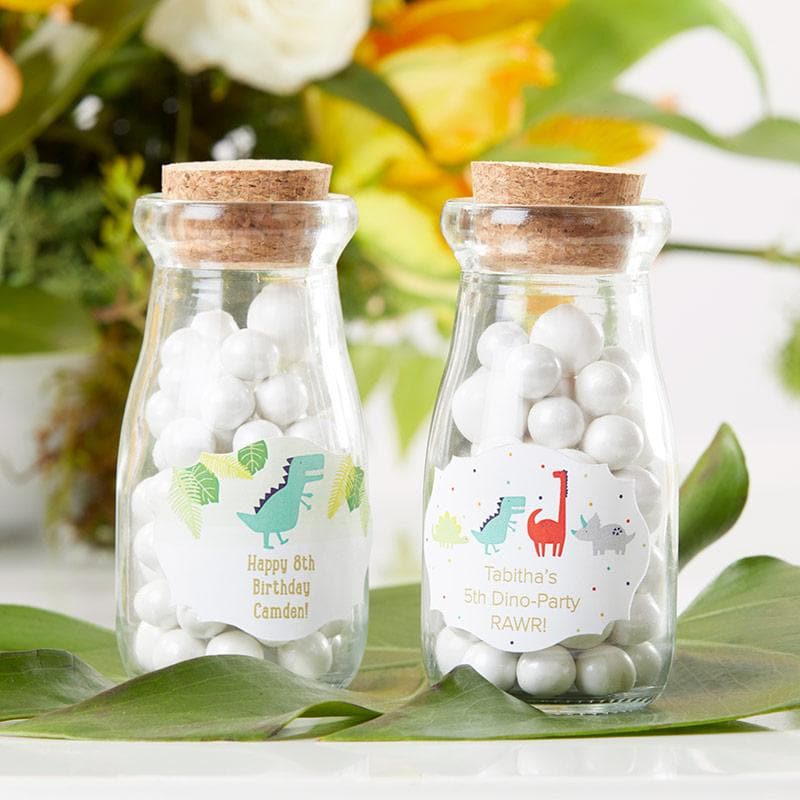 Personalized Dino Party Vintage Milk Bottle Favor Jar (Set of 12)