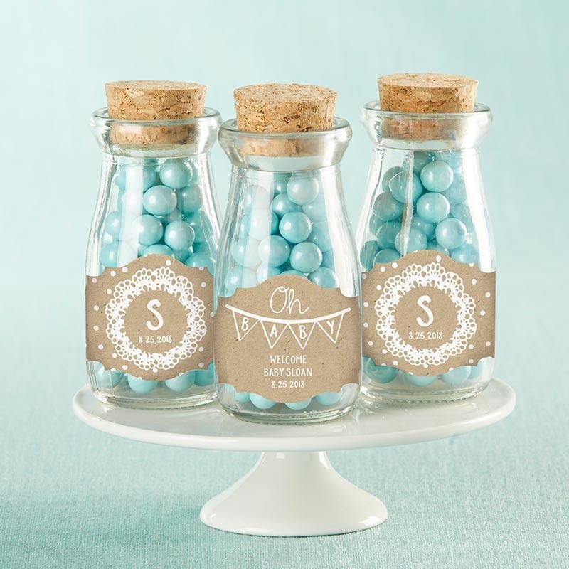 Personalized Rustic Charm Baby Shower Vintage Milk Bottle Favor Jar (Set of 12)