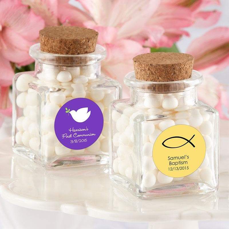 Personalized Religious Petite Treat Square Glass Favor Jar with Cork Stopper (Set of 12)