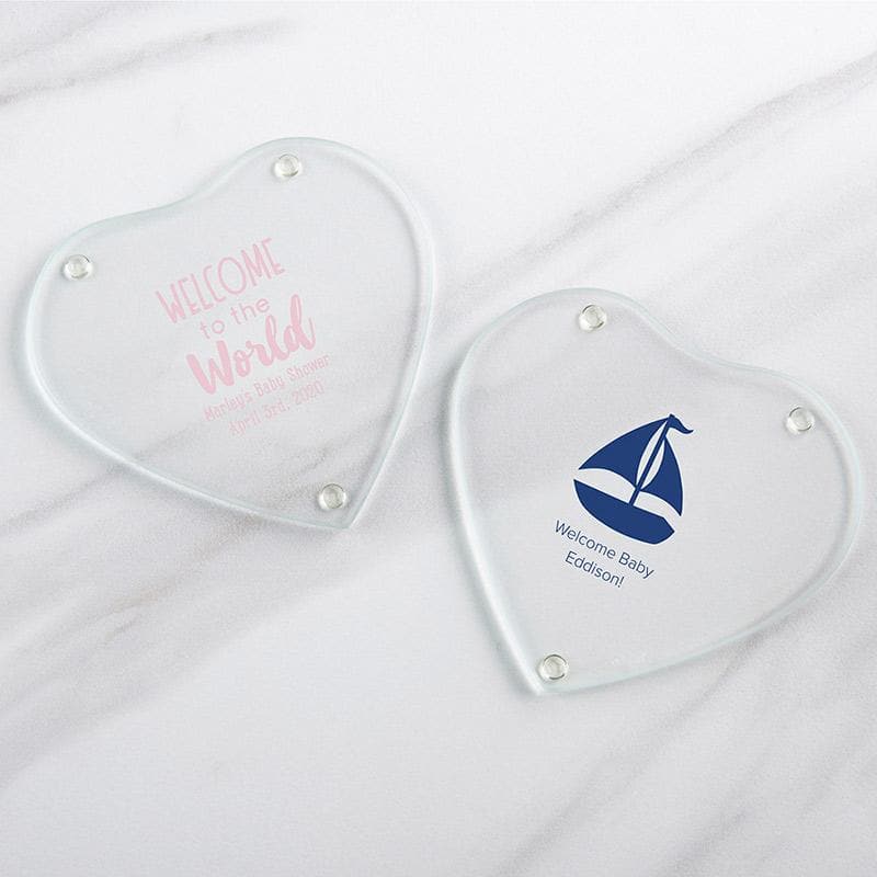Personalized Baby Shower Glass Heart Shaped Coaster (Set of 12)