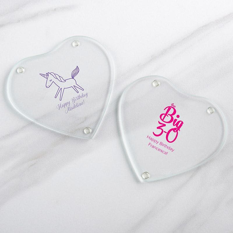 Personalized Birthday Glass Heart Shaped Coaster (Set of 12)