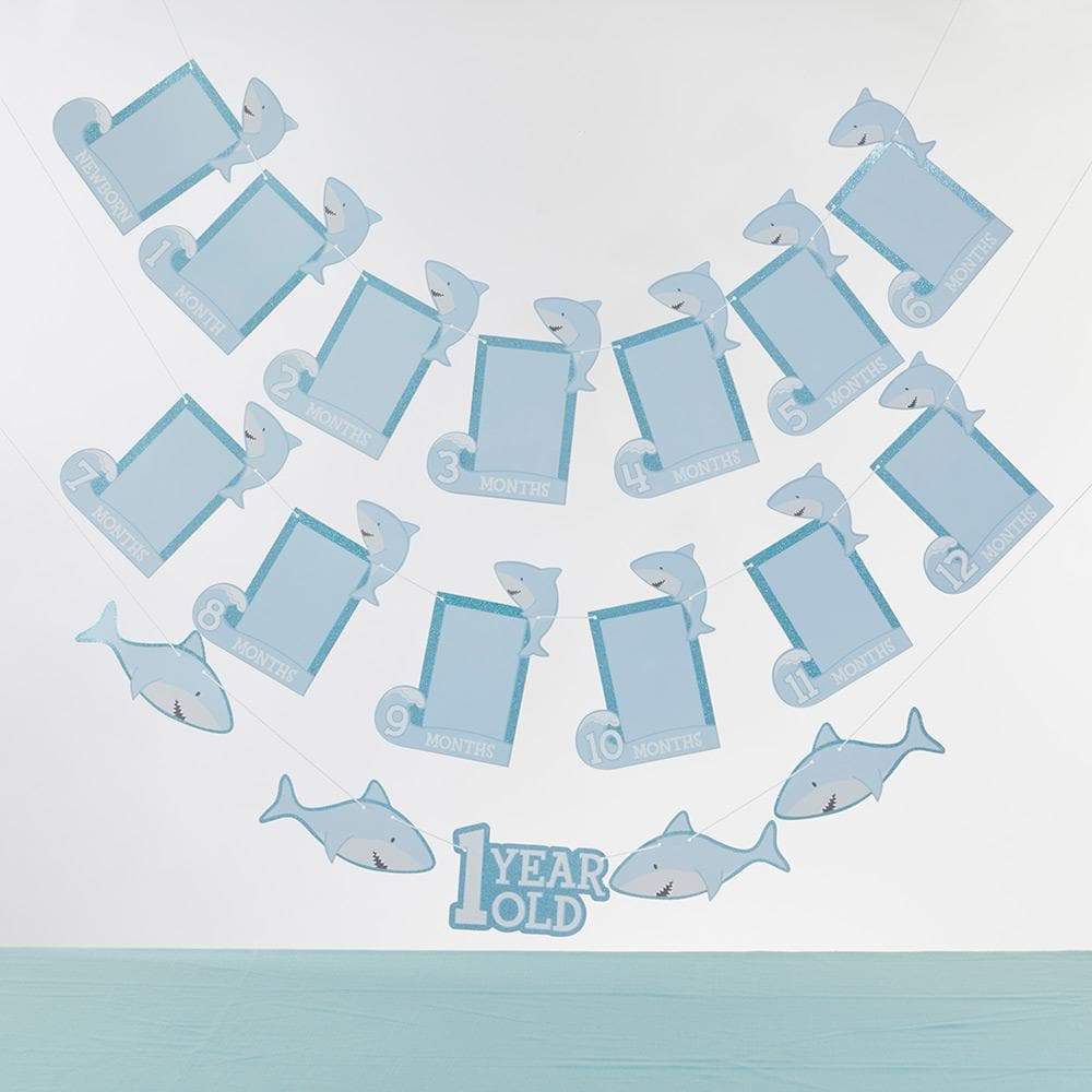 1st Birthday Milestone Photo Banner & Cake Topper - Shark Party