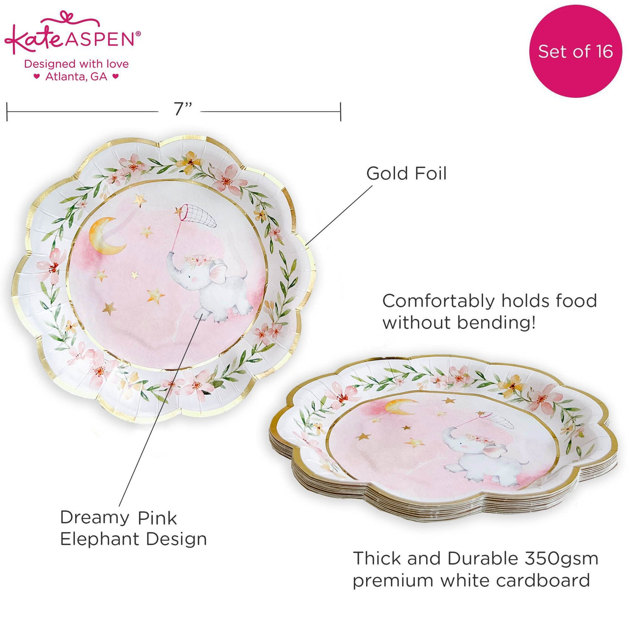 Elephant Baby Shower 7 in. Premium Paper Plates - Pink (Set of 16)