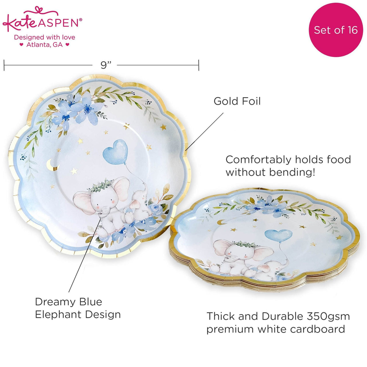 Elephant Baby Shower 9 in. Premium Paper Plates - Blue (Set of 16)