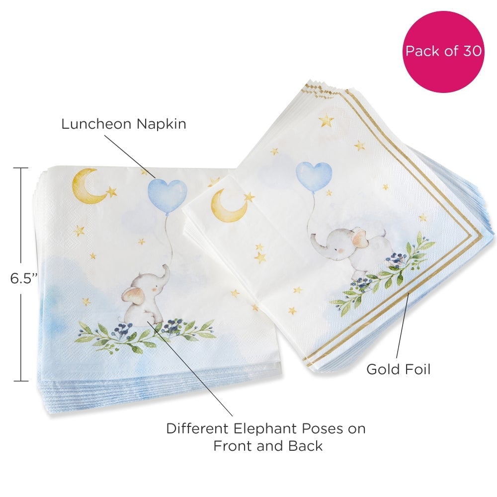 Elephant Baby Shower 2 Ply Paper Napkins - Blue (Set of 30)