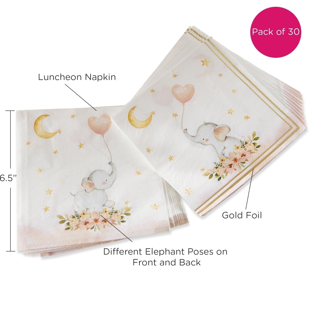 Elephant Baby Shower 2 Ply Paper Napkins - Pink (Set of 30)