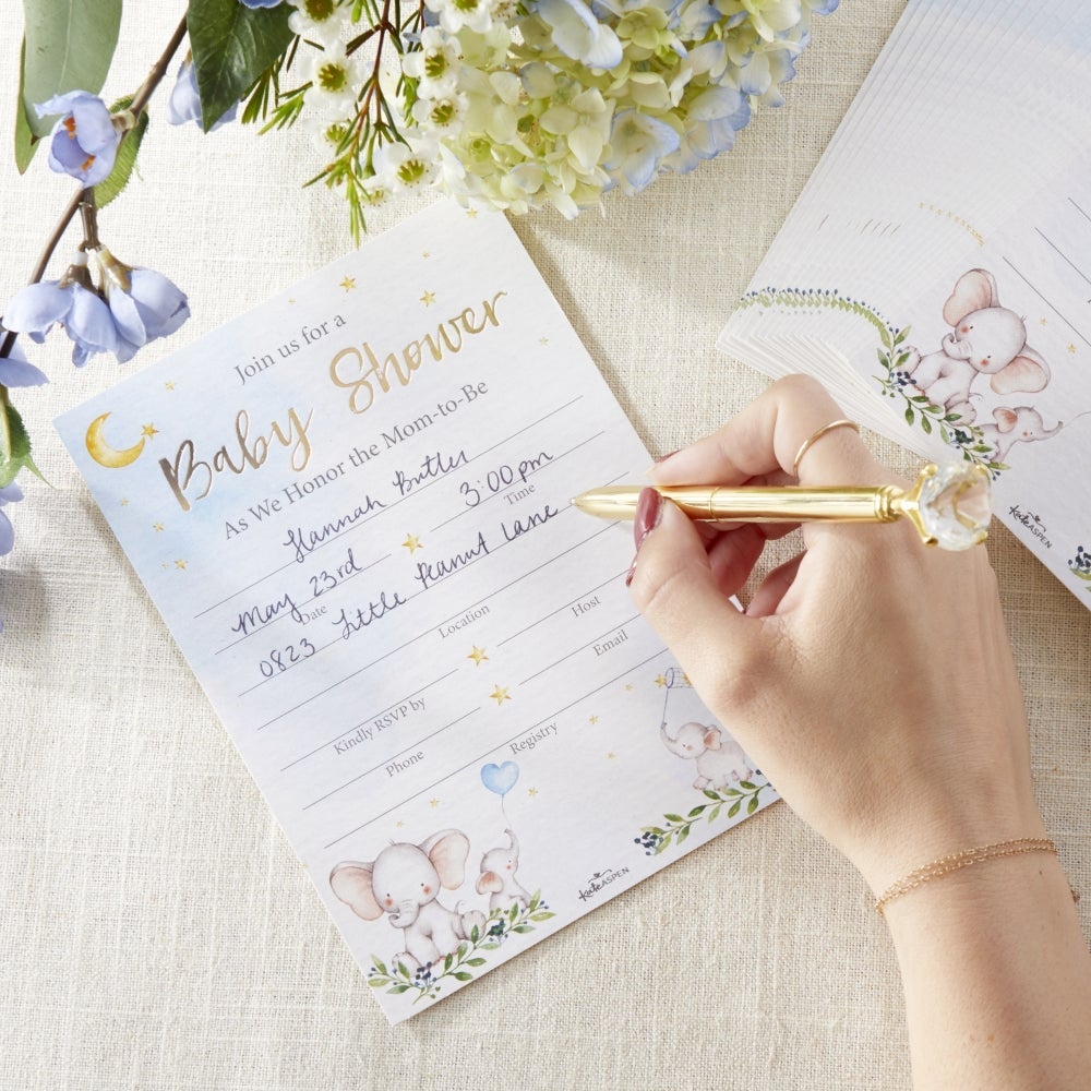 Elephant Baby Shower Invitation & Thank You Card Bundle - Blue (Set of 25)