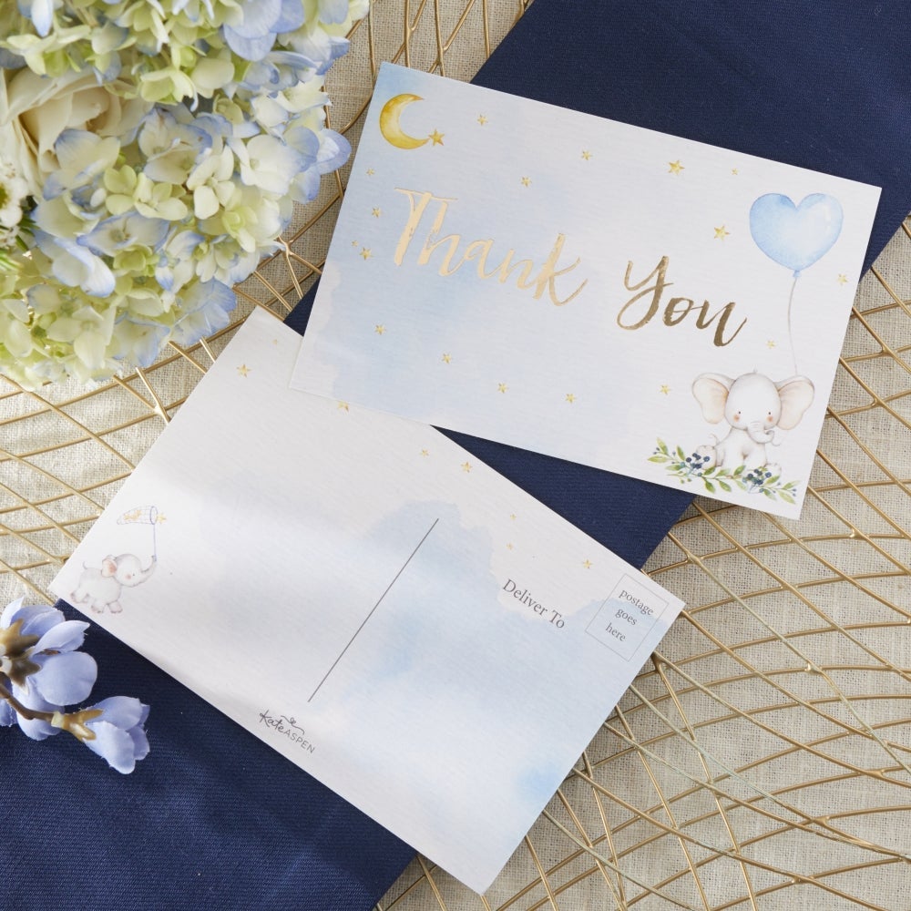 Elephant Baby Shower Invitation & Thank You Card Bundle - Blue (Set of 25)