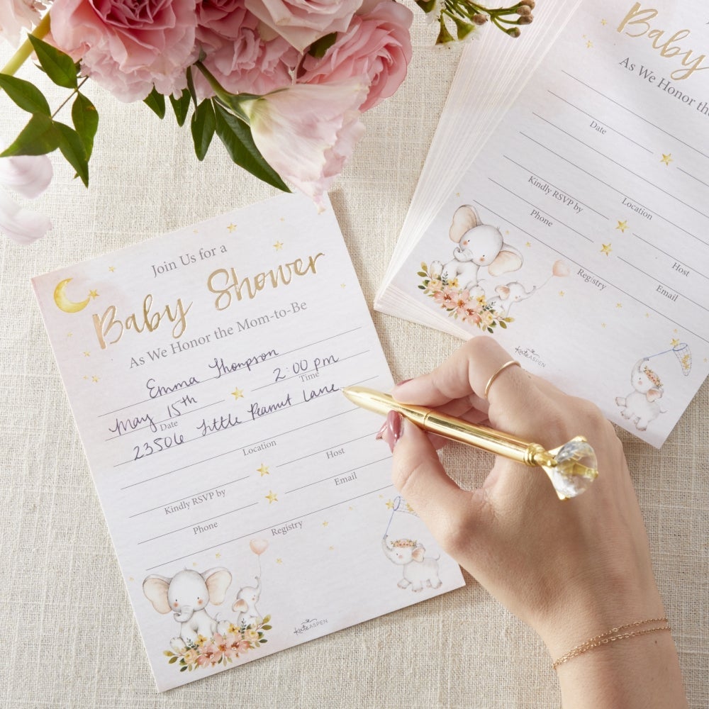 Elephant Baby Shower Invitation & Thank You Card Bundle - Pink (Set of 25)