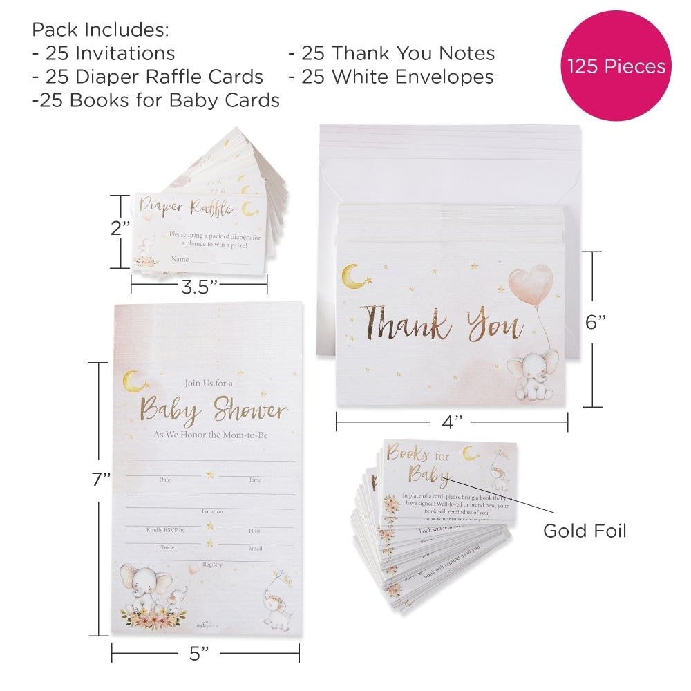 Elephant Baby Shower Invitation & Thank You Card Bundle - Pink (Set of 25)