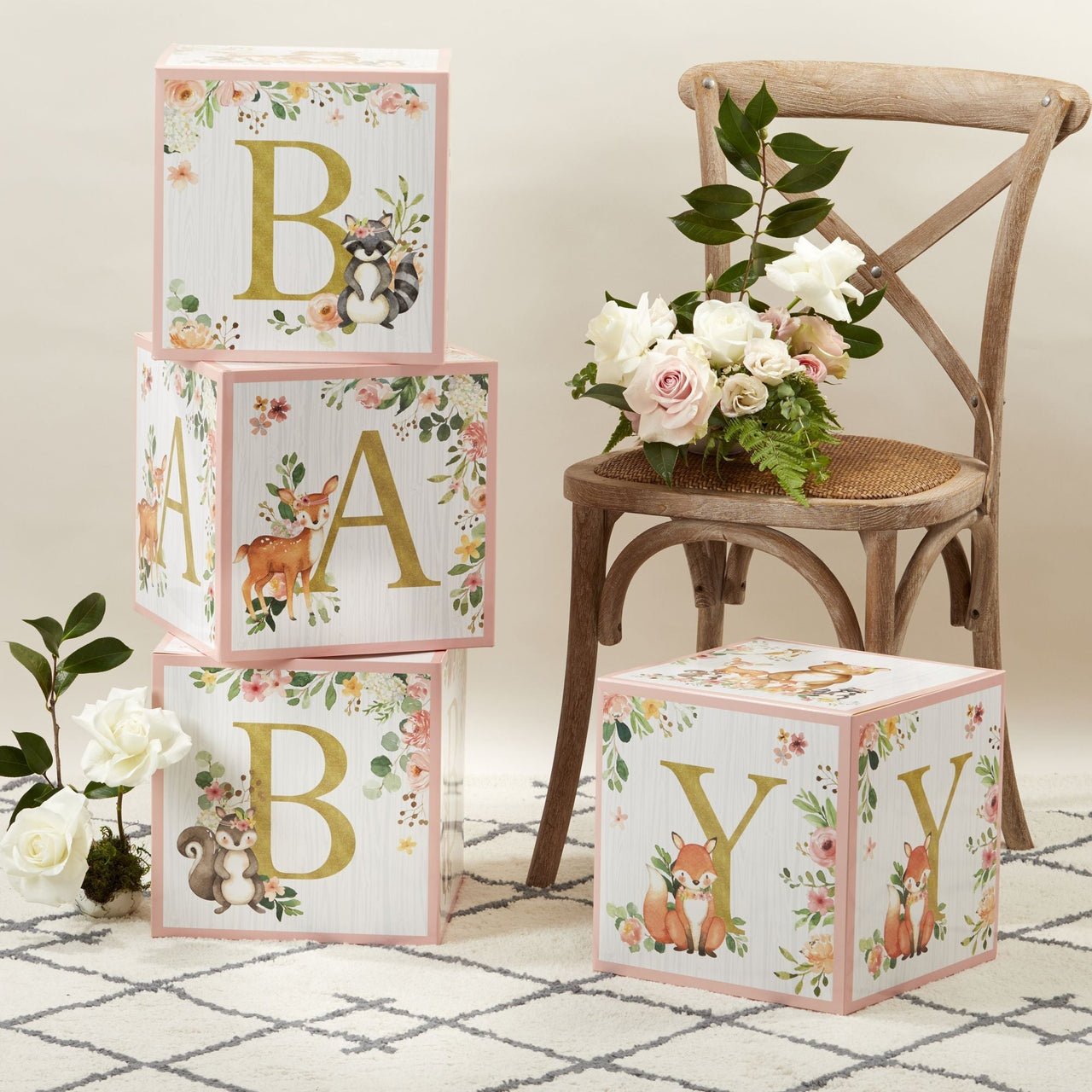 Pink Woodland Baby Block Box (Set of 4)