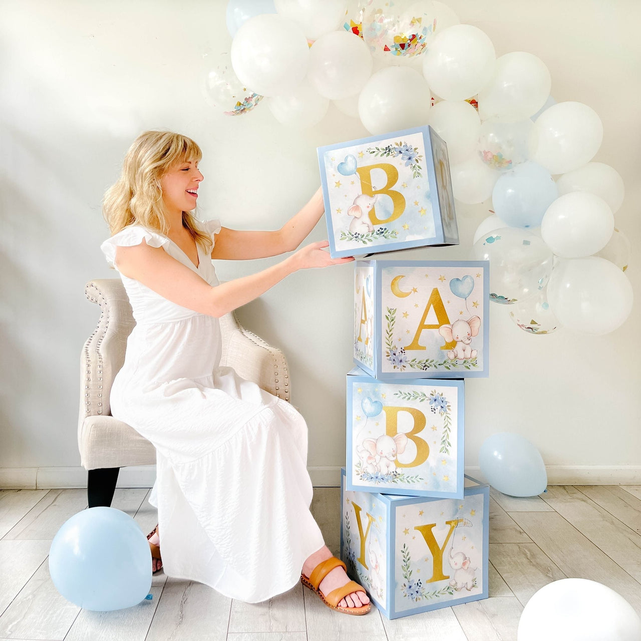 Elephant Baby Shower Block Box - Blue (Set of 4)