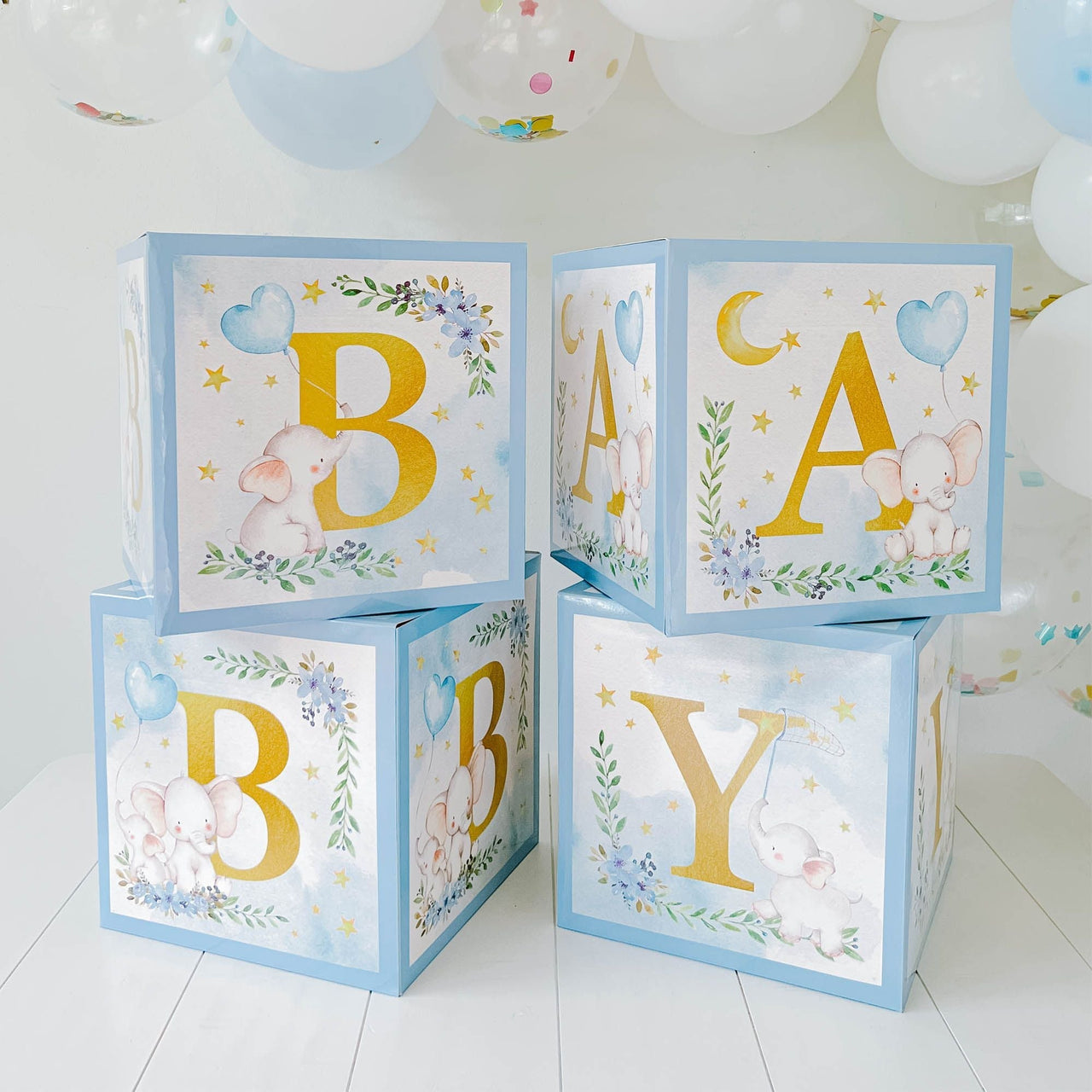 Elephant Baby Shower Block Box - Blue (Set of 4)