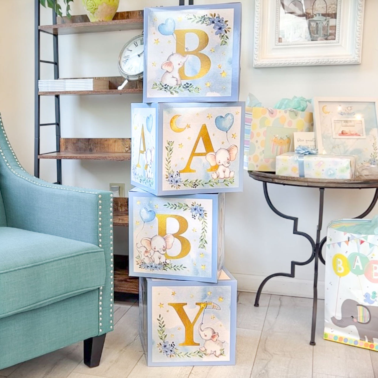 Elephant Baby Shower Block Box - Blue (Set of 4)