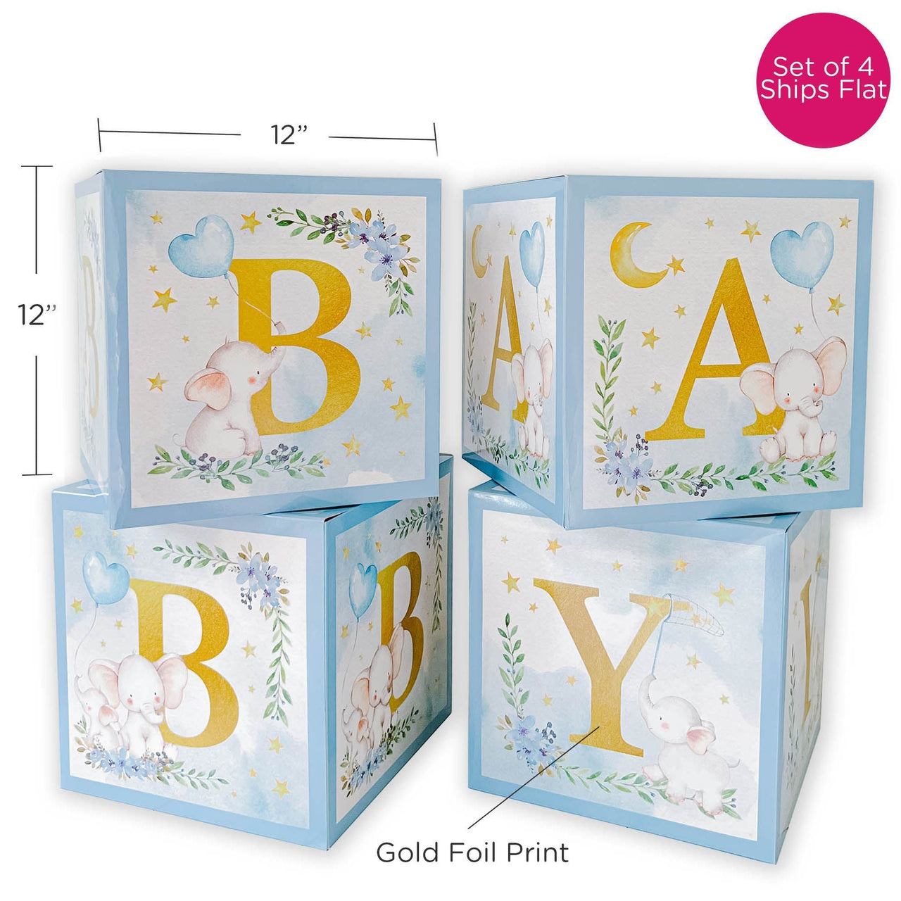 Elephant Baby Shower Block Box - Blue (Set of 4)