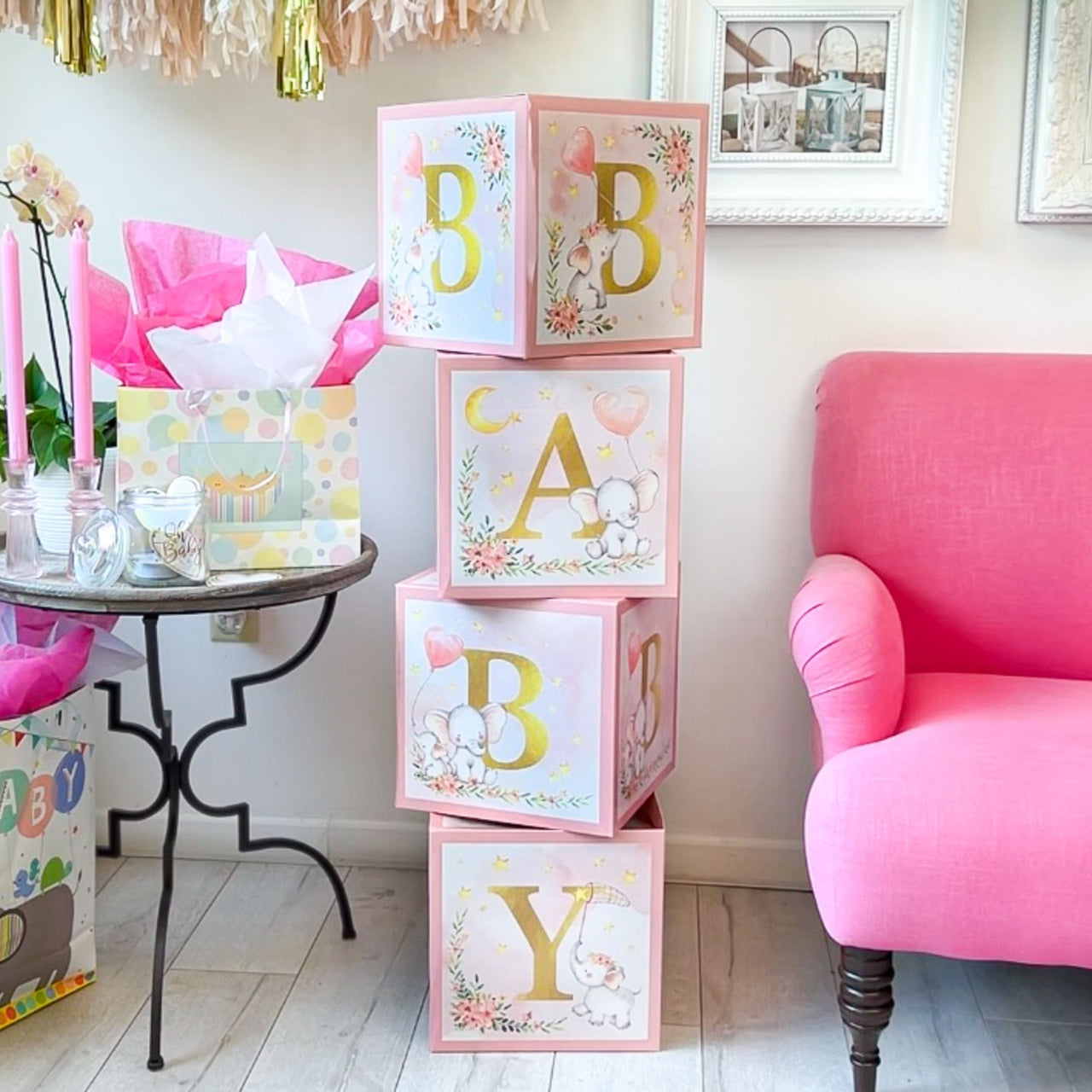 Elephant Baby Shower Block Box - Pink (Set of 4)