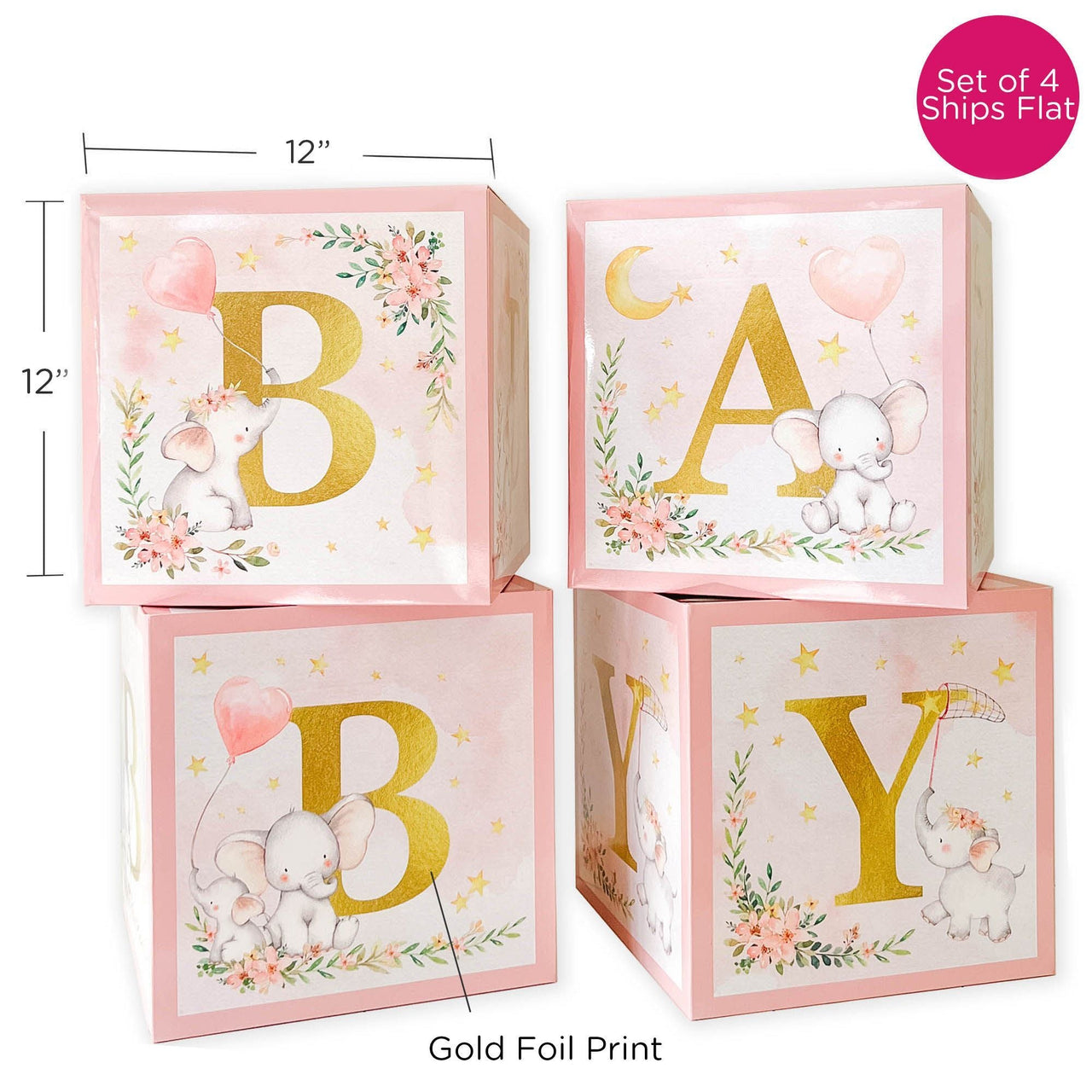 Elephant Baby Shower Block Box - Pink (Set of 4)