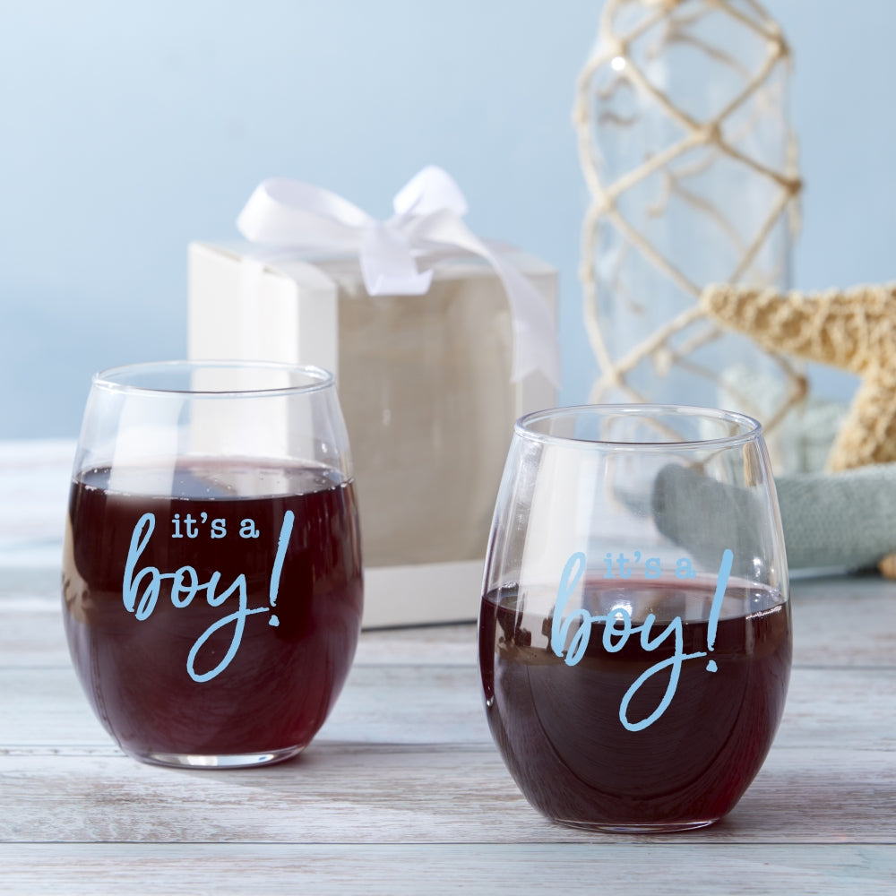 9 oz. Stemless Wine Glass - It's a Boy! (Set of 12)