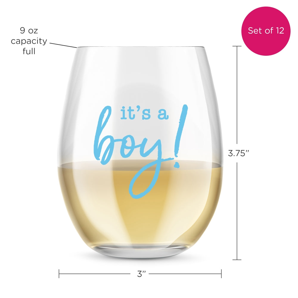 9 oz. Stemless Wine Glass - It's a Boy! (Set of 12)