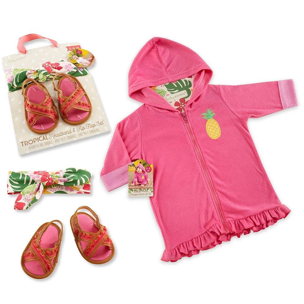 Tropical Gift Set with Pink Hooded Beach Zip Up, Headband & Flip Flops