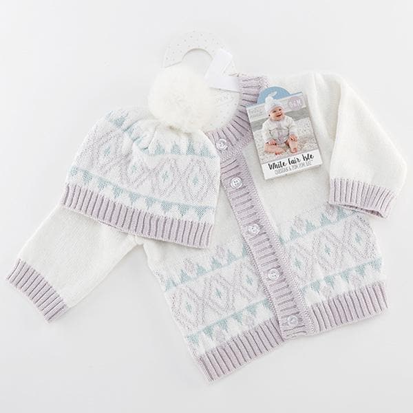 White Fair Isle Cardigan and Pom Pom Hat