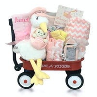 Thumbnail for Personalized Stork Delivery Mini Radio Flyer Wagon Gift Basket - Girl