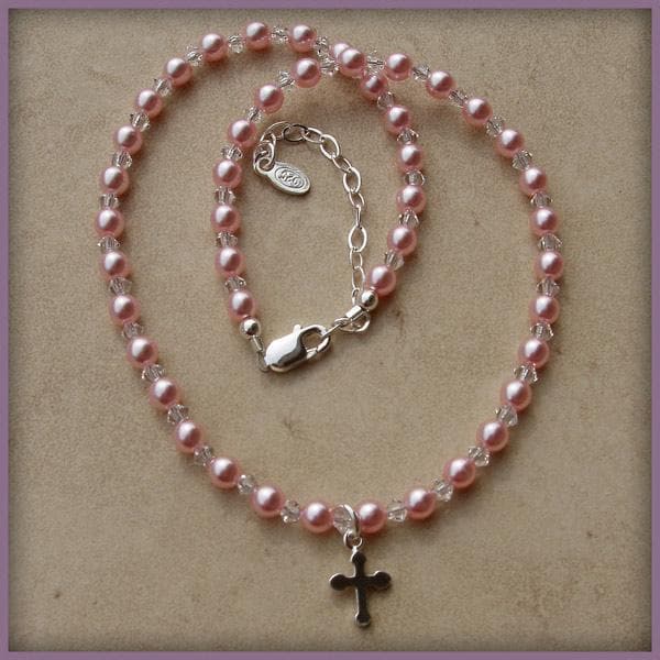 Rosary Beaded Necklace with Pink Pearls and Cross